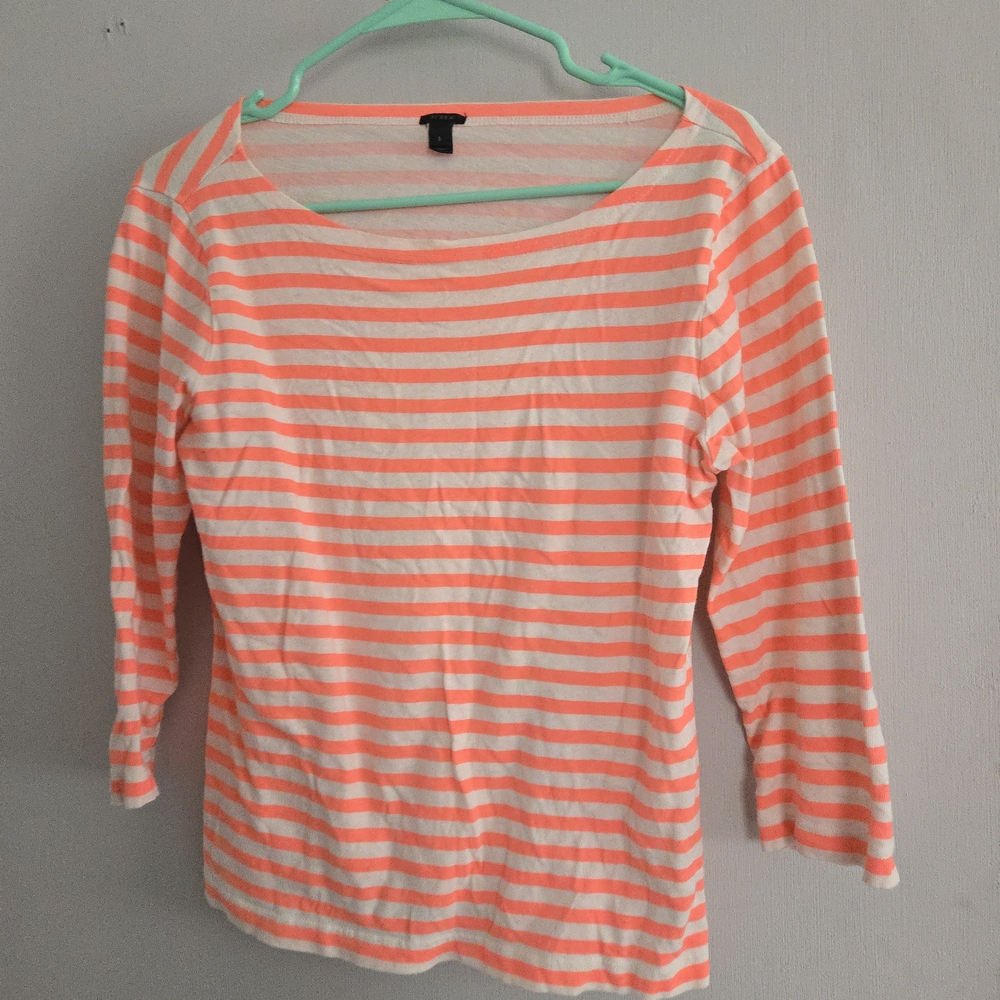 J. Crew White & Coral Striped Long Sleeve Scoop Tee